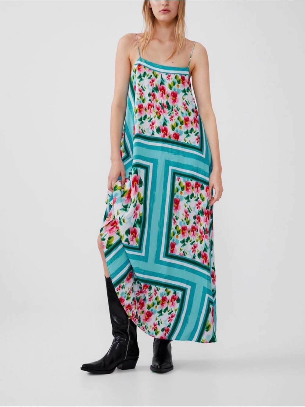 Zara Turquoise Teal Pink Floral Maxi Dress Strappy Square Neck Boho M